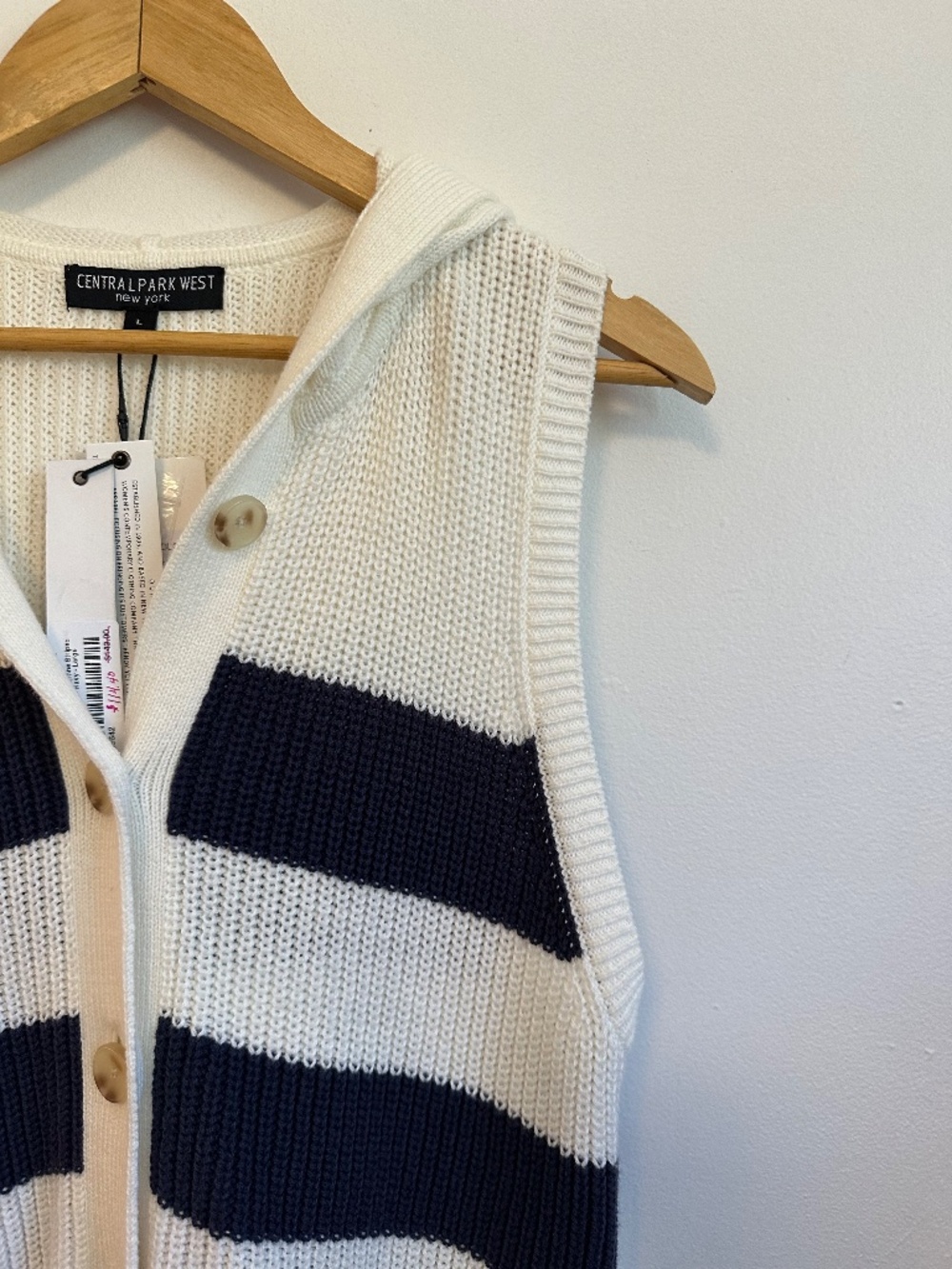 Central Park West NWT Sleeveless Hooded Stripe Button Front Sweater | Size Large - Picture 2 of 7